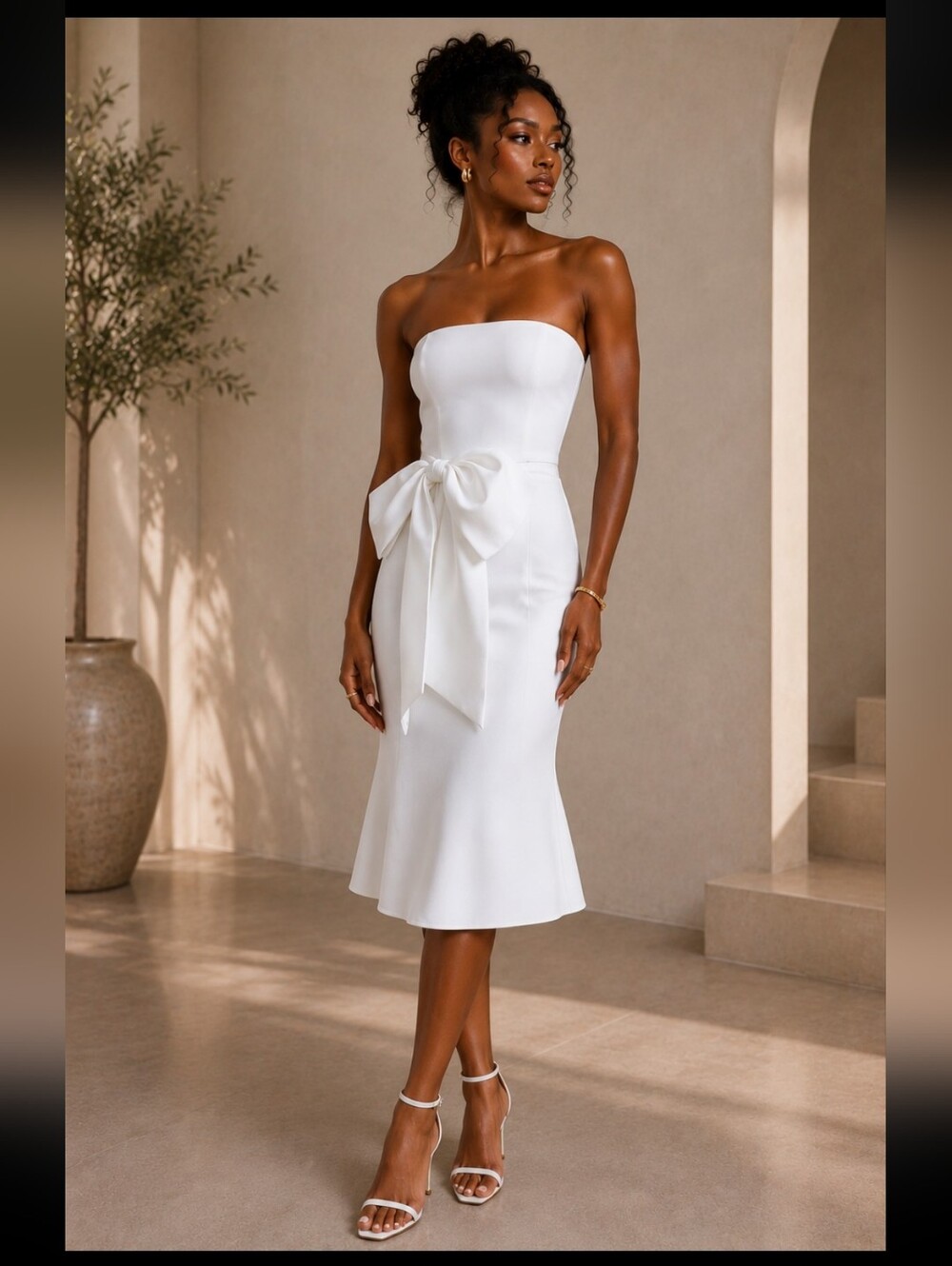 Club L London Strapless‎ White Midi Dress with Bow